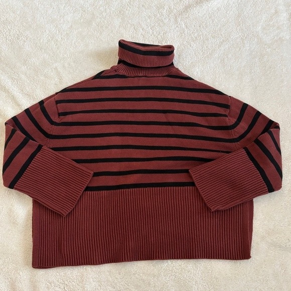 Gap 24/7 Split-Hem Stripe Turtleneck Sweater Women's M Burgandy Black Chunky - Picture 7 of 9